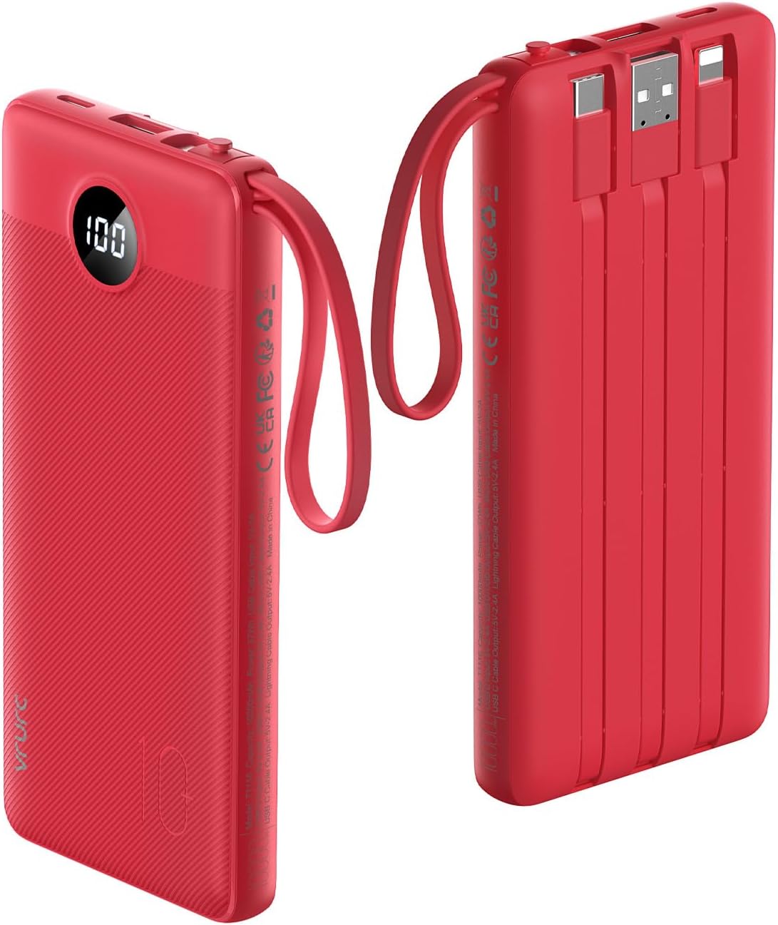 VRURC Portable Charger, 10000mAh Power Bank Built in Cables for iPhone, Slim Compact Travel Essential, 5 Outputs 2 Inputs USB C Battery Pack for iPhone 17 16 15 14 13, Samsung, Android etc-Magenta