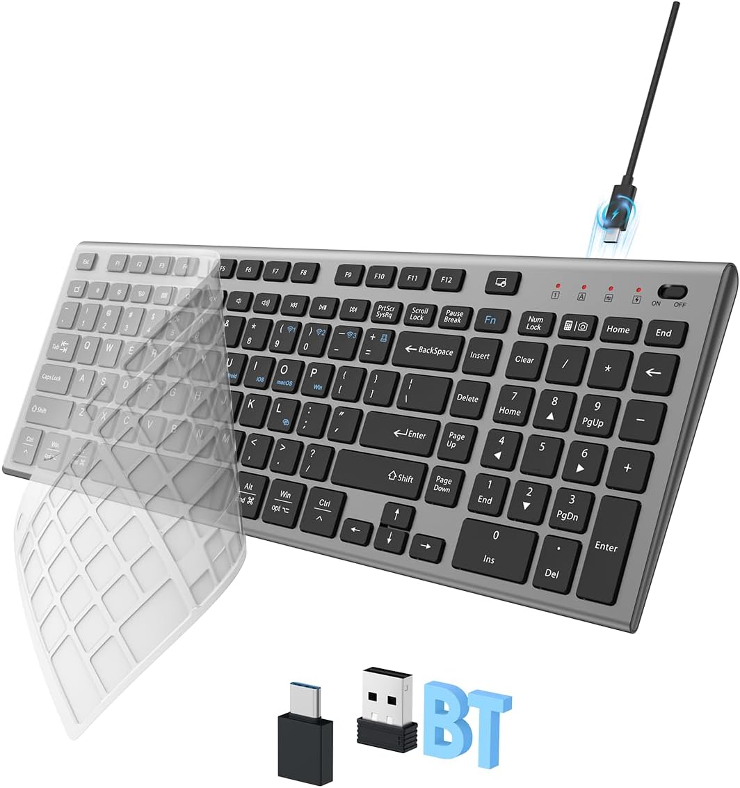 FENIFOX Wireless Keyboard, Bluetooth & 2.4G USB & USB-C Rechargeable Silent Ultra Quiet Low Profile Compact Full Size with Number Pad Soft Multi Device for Mac MacBook Windows PC – Black & Grey
