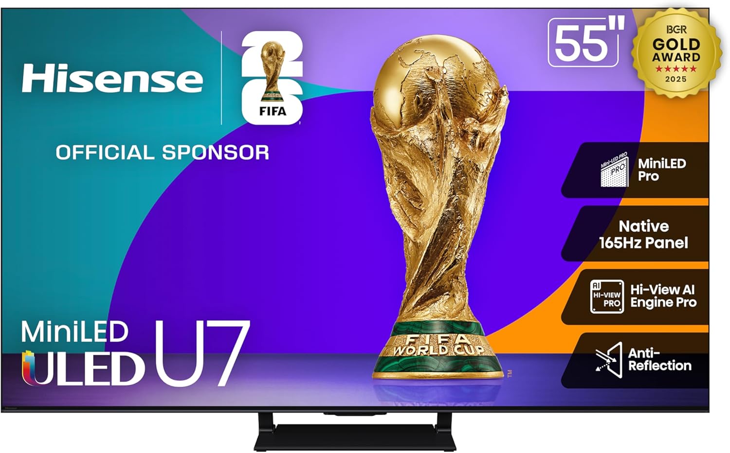 Hisense 55″ U7 Mini-LED ULED 4K UHD Best Premium Gaming Google Smart TV (55U75QG, 2025 Model) – QLED, Native 165Hz, VRR 288, Up to 3000 Nits, HDR10+, Dolby Vision IQ · Atmos, IMAX Enhanced, 2.1.2 Ch