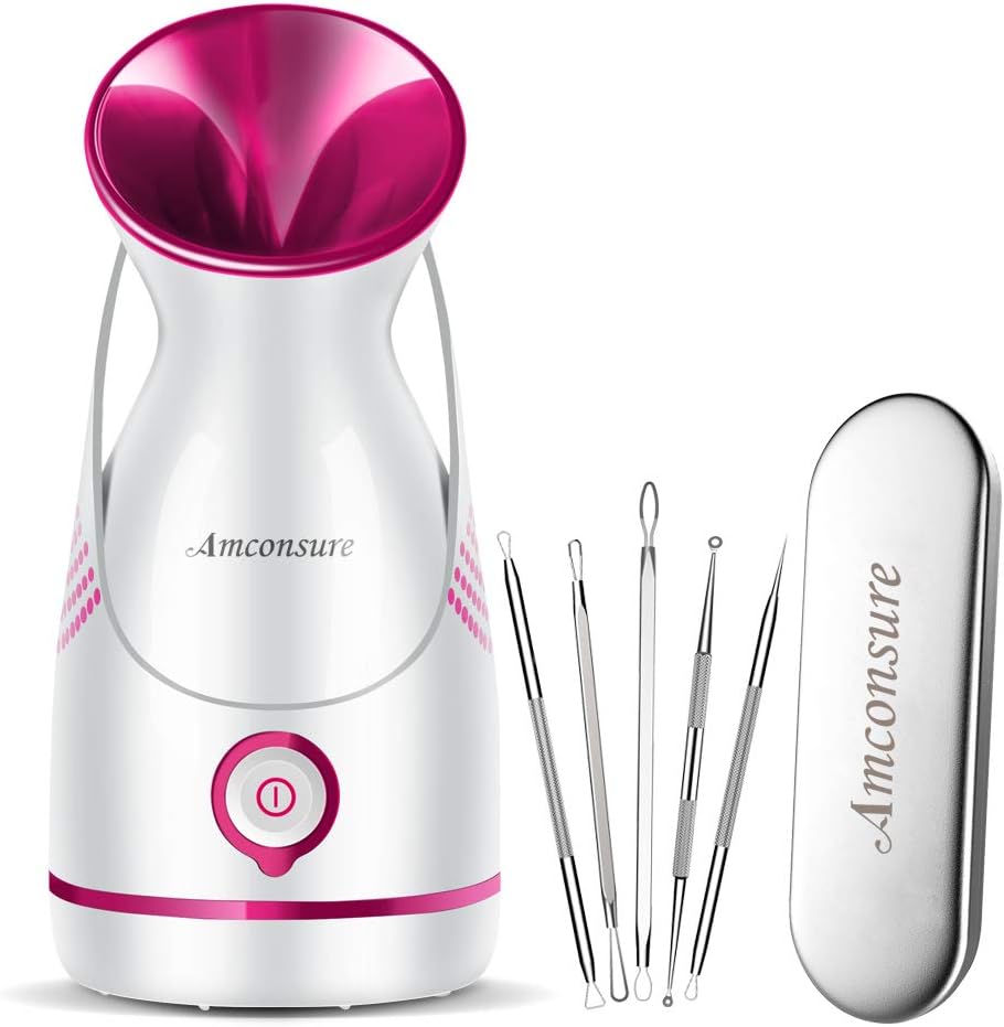 Amconsure Facial Steamer – Nano Ionic Face Steamer Warm Mist Steamer for Home Sauna SPA, Humidifier for Face Steamer for Deep Cleaning Unclogs Pores Sinuses – Bonus 5 Piece Stainless Steel Skin Kit