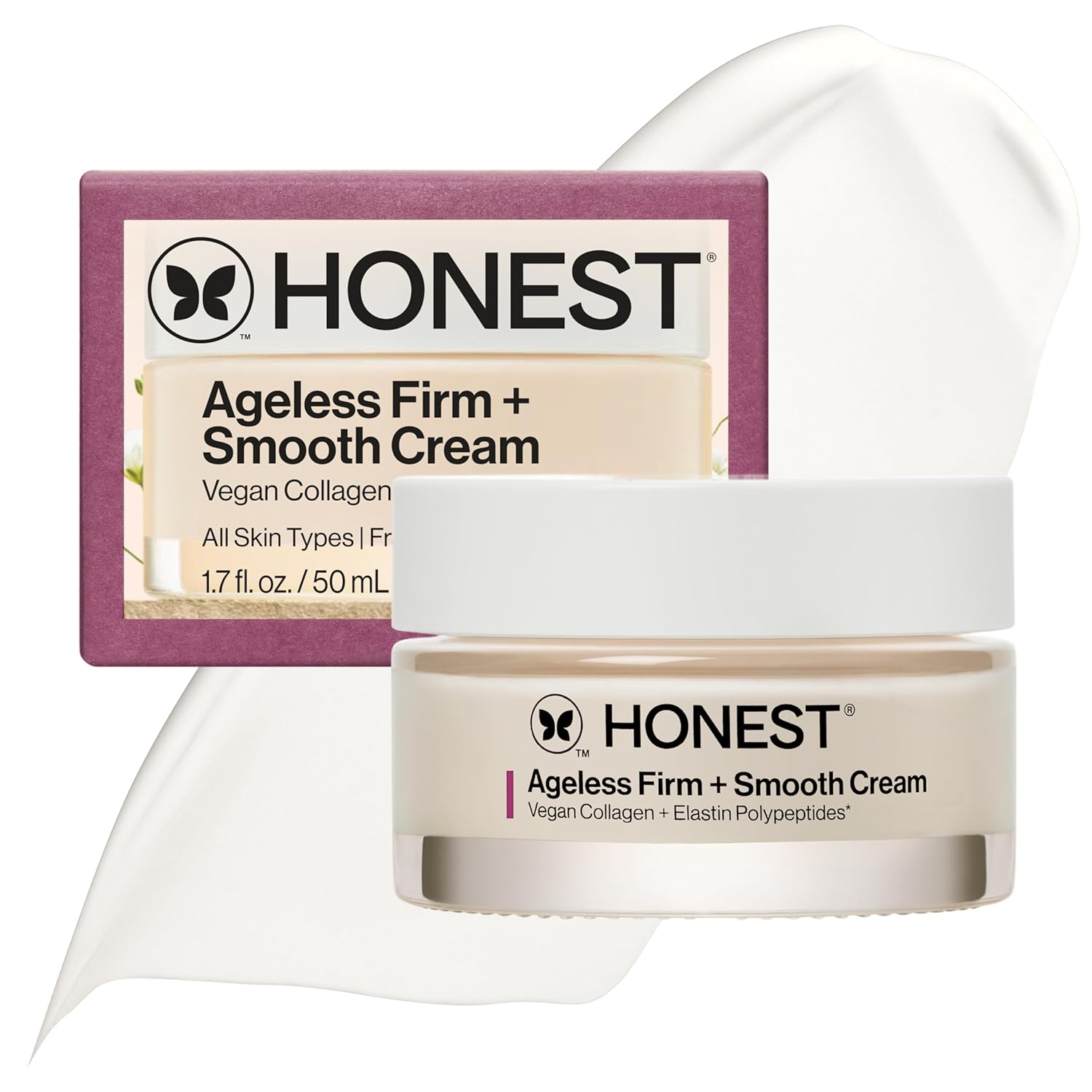 Honest Beauty Ageless Firm and Smooth Cream, Powered by Vegan Collagen Elastin Polypeptides, Firmer Smoother Looking Skin, Fragrance Free, EWG Verified, Cruelty-Free, 1.7 fl oz