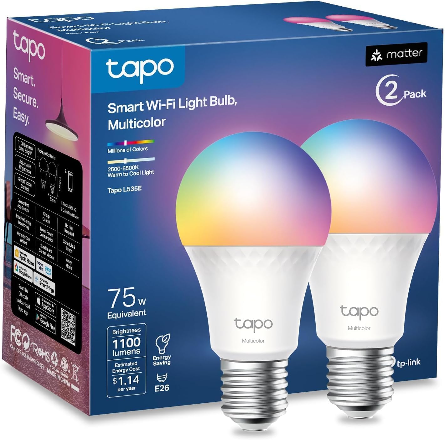 TP-Link Tapo Smart Light Bulbs, 1100 Lumens High Brightness (75W Equivalent), Matter-Certified, 16M Colors WiFi Light Bulb, Dimmable, Works w/Siri, Alexa & Google Home, A19 E26, Tapo L535E(2-Pack)