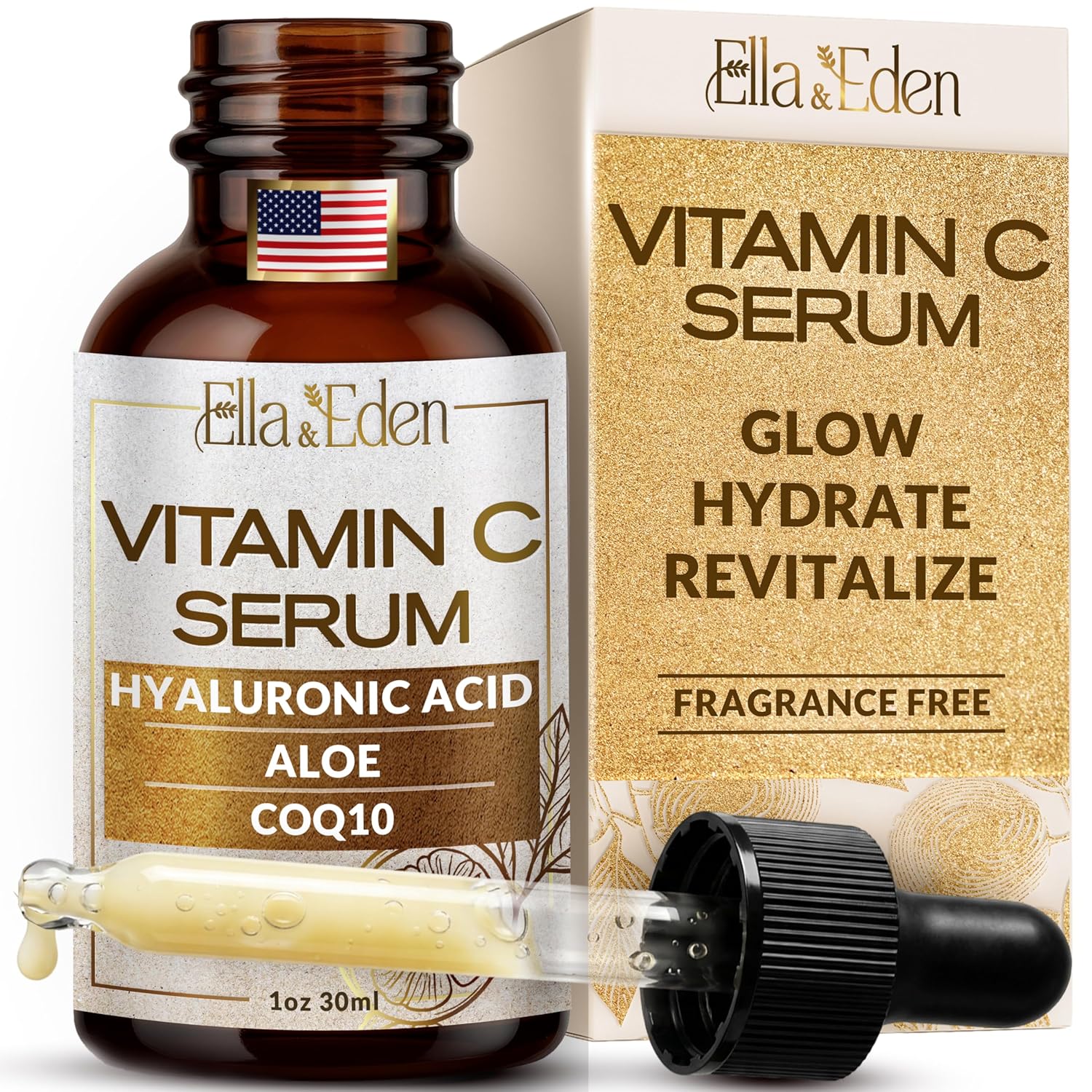 Ella & Eden Vitamin C Serum for Face – Hyaluronic Acid, Aloe Vera, Vitamin E, CoQ10 – Anti-aging, Skin Brightening – Paraben-Free, Fragrance-Free, Suitable for All Skin Types – 1 Fl Oz