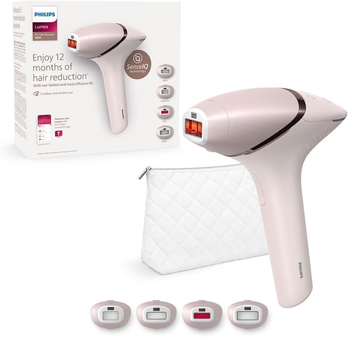 Philips Lumea IPL Hair Removal 9000 Series BRI957 – Light-Based Wireless Hair Removal for Long-Lasting Smooth Skin – Includes 4 Attachments for Body, Face, Armpits, Bikini