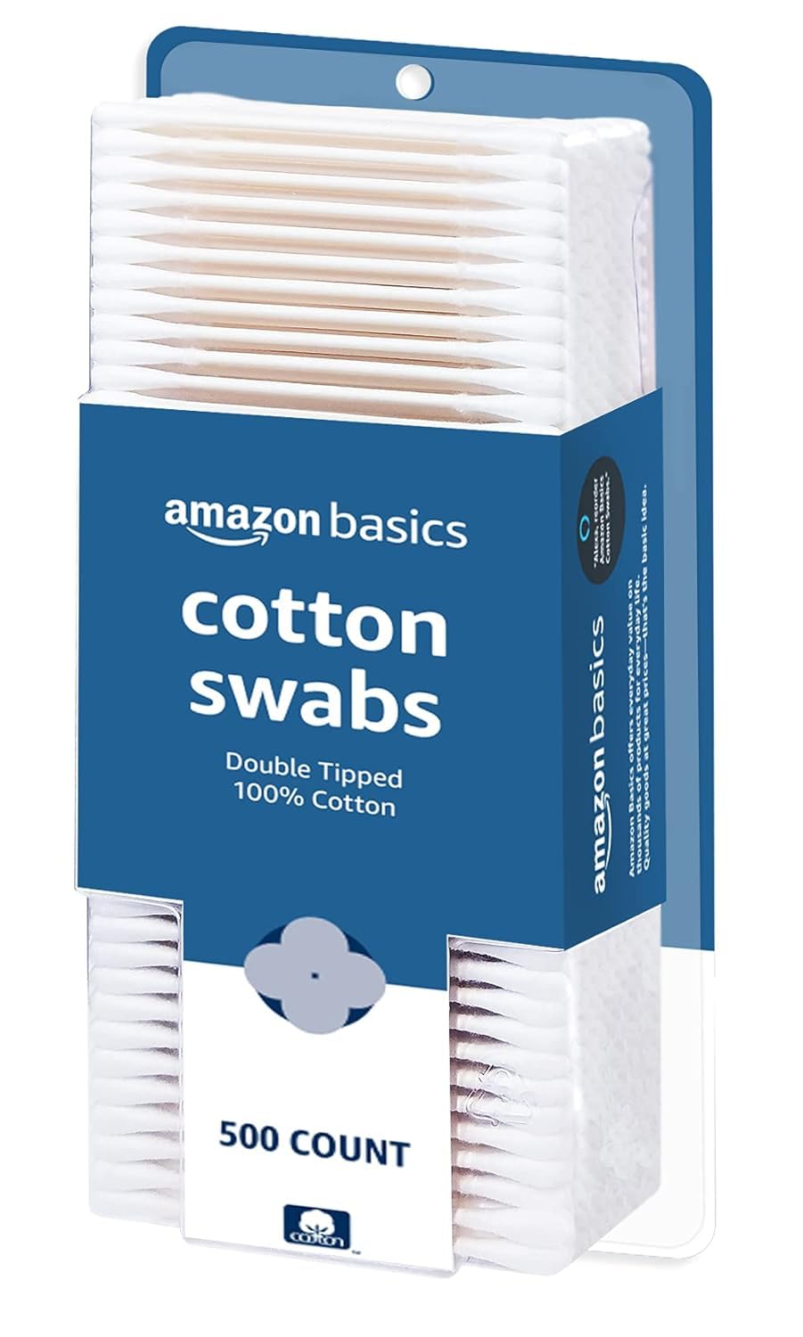 Amazon Basics Double-Tipped Cotton Swabs for Personal Hygiene and Baby Care, 100% Cotton, Versatile, Baby Safe, 500 Count