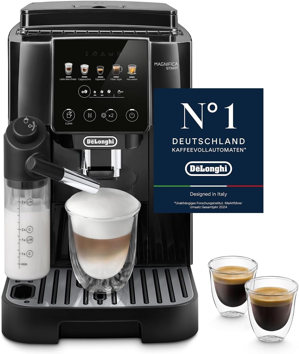 De’Longhi Magnifica Start ECAM220.91.B Fully Automatic Coffee Machine with LatteCrema Milk System for Automatic Cappuccino, 5 Direct Dial Buttons, Soft Touch Control Panel, x2 Function, Black