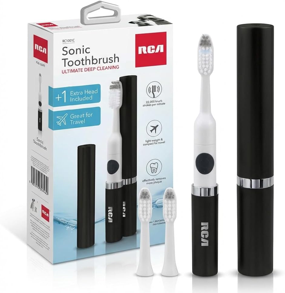 RCA Sonic Electric Toothbrush for Adults – Battery Powered Toothbrush with Extra Brush Head, Spin Brush Toothbrush for Travel – Black