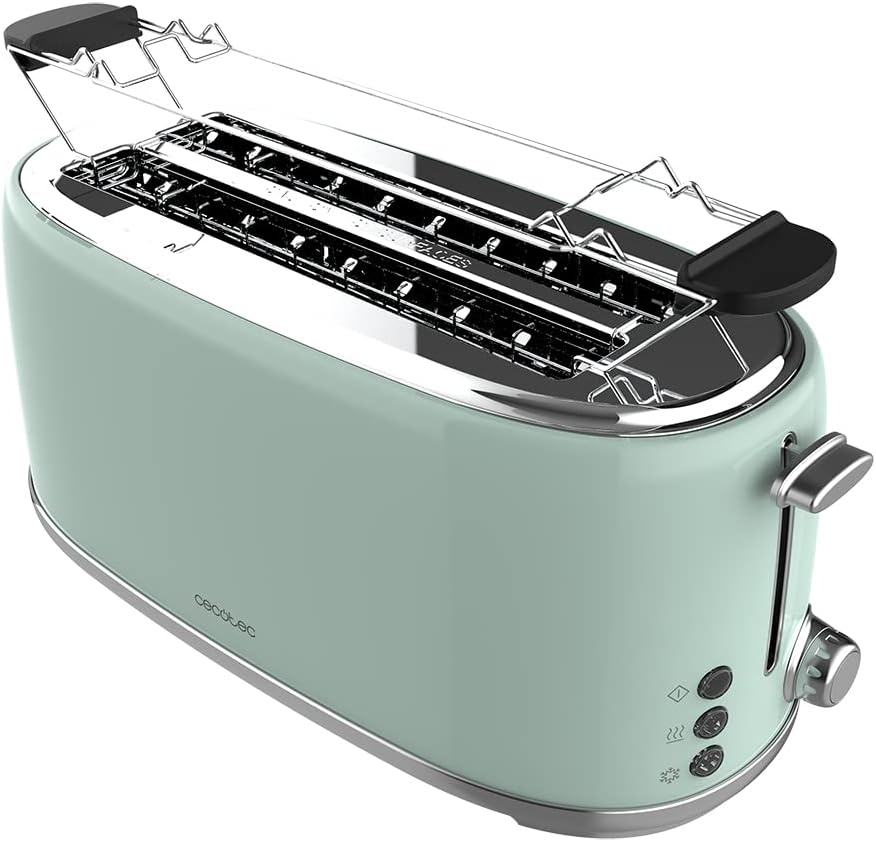Cecotec Toaster 4 Slices Toast & Button 1600 Retro Double Green, 1630 W, 2 Wide and Long Slots of 3.8 cm, Stainless Steel, Top Racks, Adjustable Power, Crumb Drawer