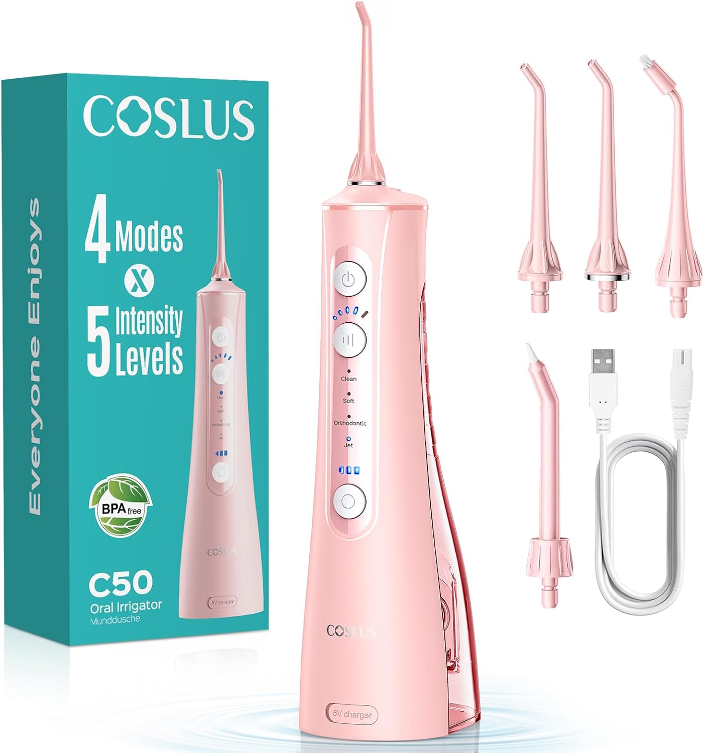 COSLUS C50 Portable Water Flosser for Teeth: 4 Modes & 5 Intensity Levels Professional Electric Dental Pick for Sensitive Gums, Braces & Orthodontic – Cordless for Travel Use, for Adults, BPA-Free