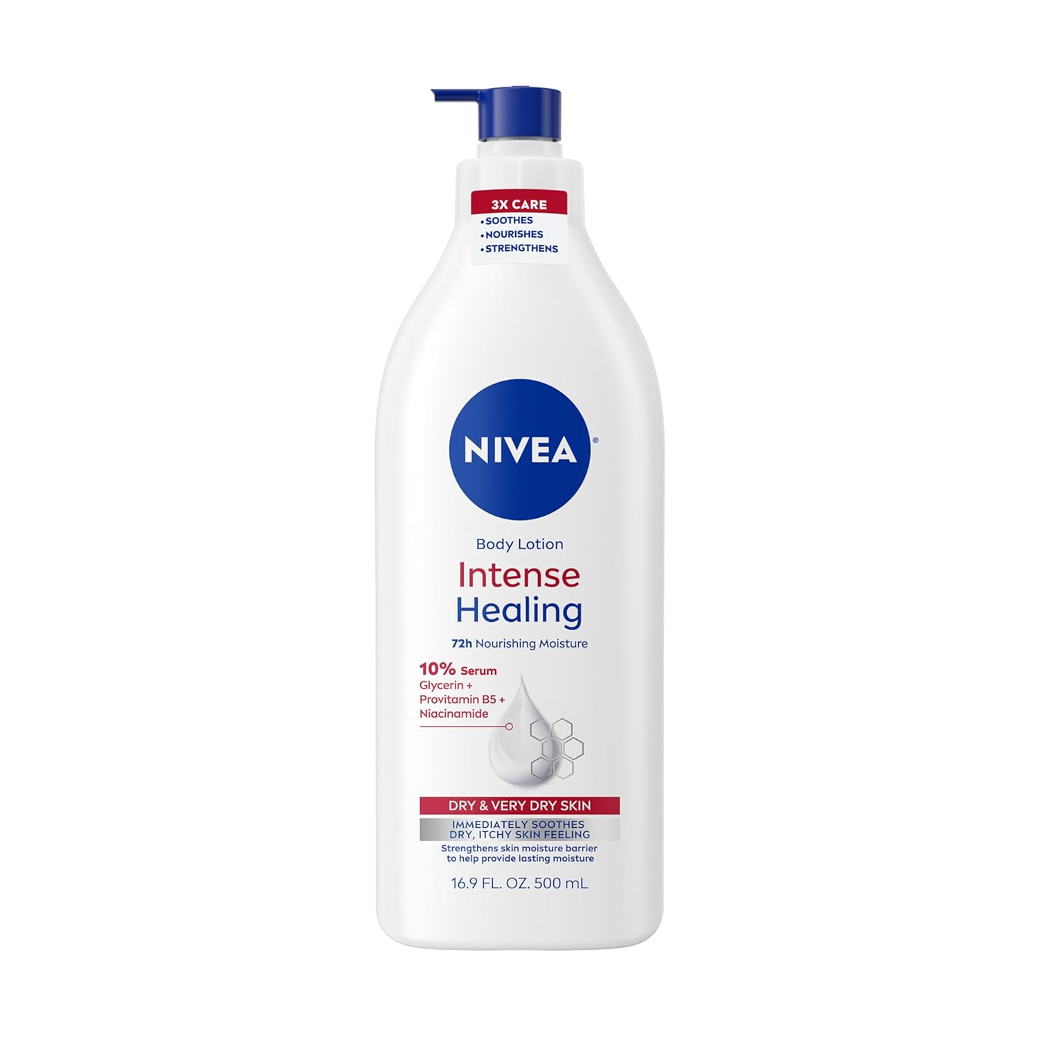 NIVEA Intense Healing Body Lotion for Very Dry, Itchy Skin with Glycerin, Provitamin B5 and Niacinamide, 72-Hour Body Moisturizer, 16.9 Fl Oz Pump Bottle