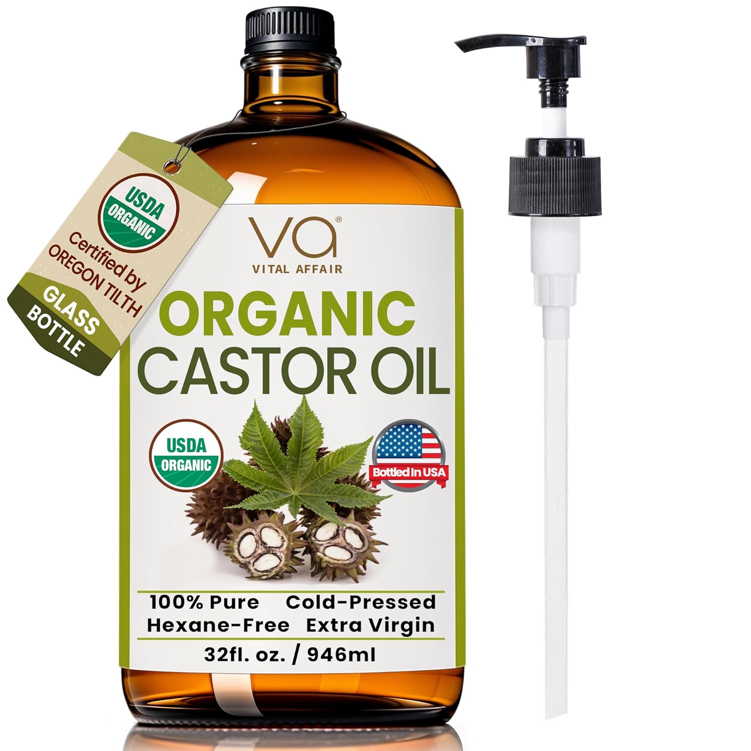 VITAL AFFAIR Pure Organic Castor Oil 32oz – Cold Pressed, Unrefined, USDA Organic – Glass Bottle for Hair Growth, Eyelashes, Eyebrows, Face & Castor Oil Packs