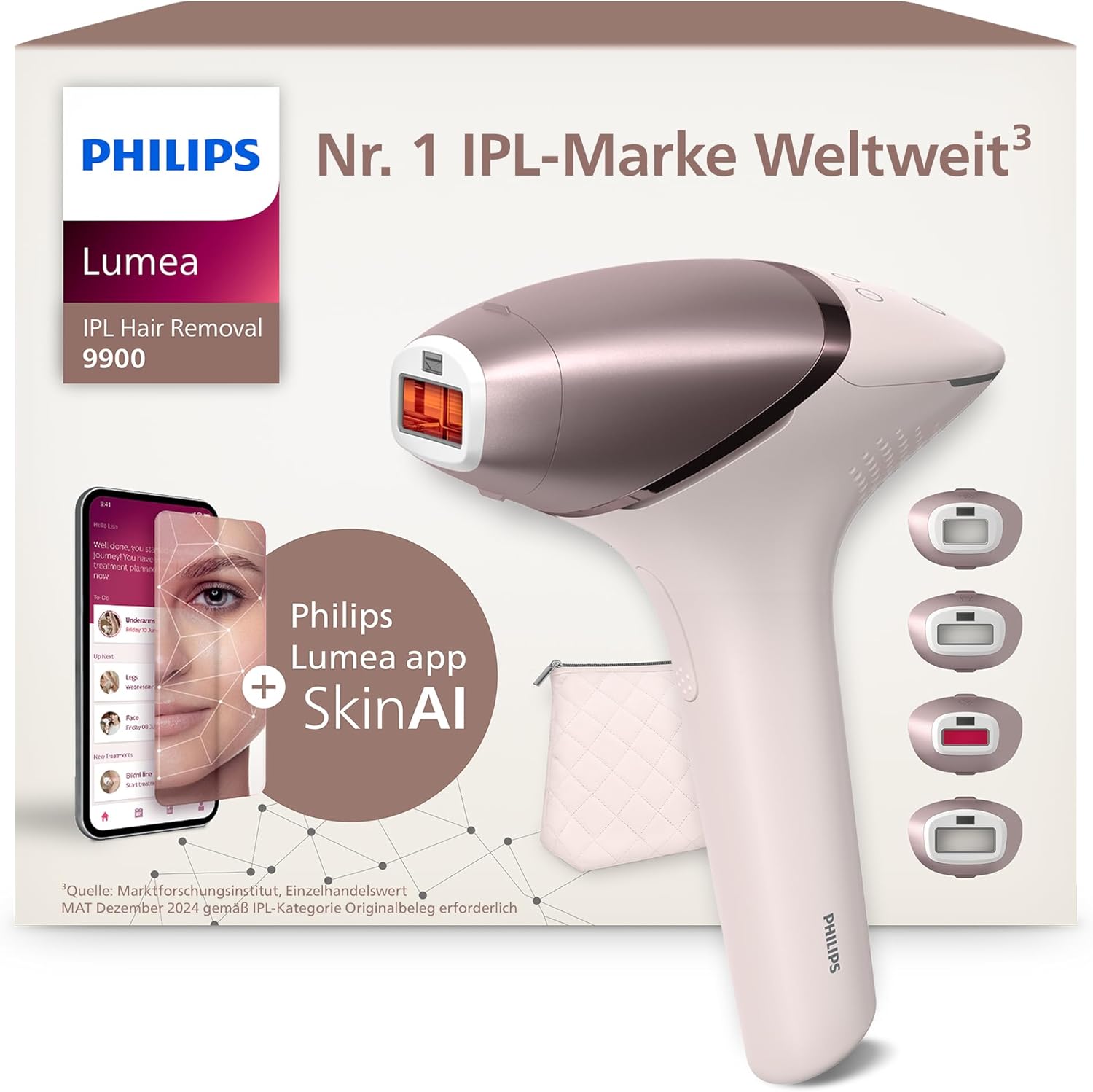 Philips Lumea IPL 9900 Series Hair Removal Device with SenseIQ & SkinAI Technology – Alternative to Laser Hair Removal – 4 Attachments for Body, Face & Precision Areas, Wireless (BRI951/00)