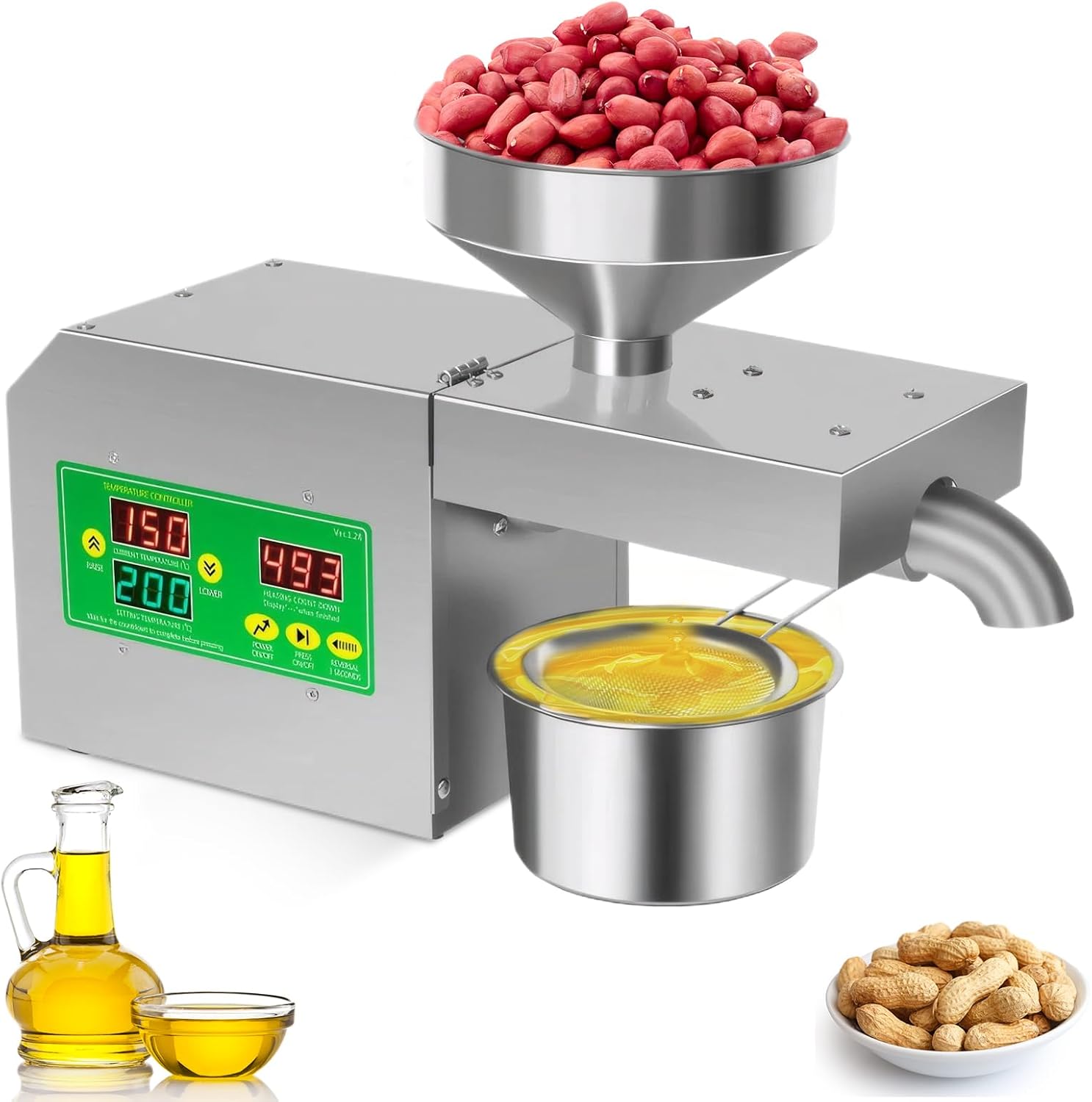 Automatic Oil Press 820W Stainless Steel Oil Press Adjustable Temperature from 40 to 240 C, Hot and Cold Pressing for Flaxseed, Peanuts, Sesame, Sunflower Seeds, Commercial and Home Use