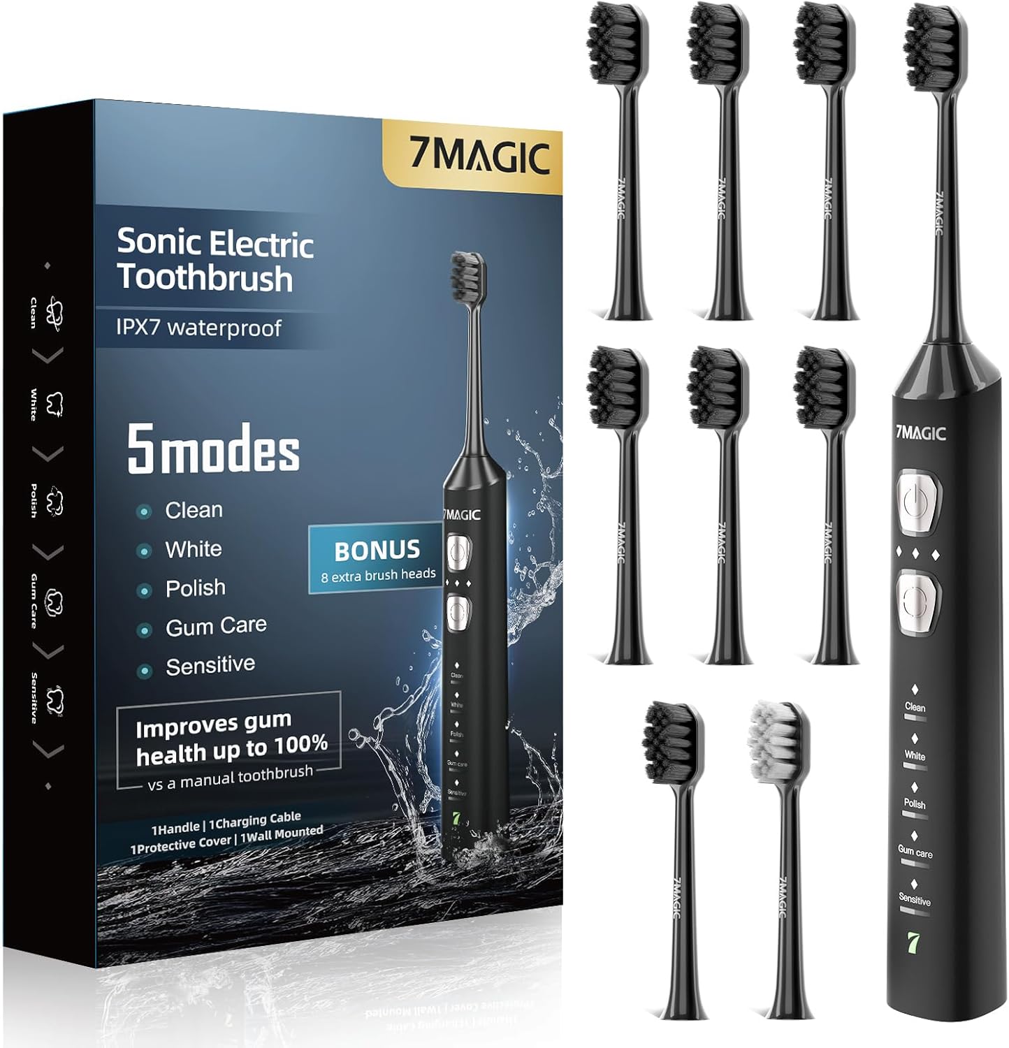 7MAGIC Sonic Electric Toothbrush for Adults and Kids – Up to 180 Days Runtime, 42000 VPM Powered Toothbrush, 5 Modes & 3 Intensities for Sensitive Teeth & Braces, Includes 8 Brush Heads, Black