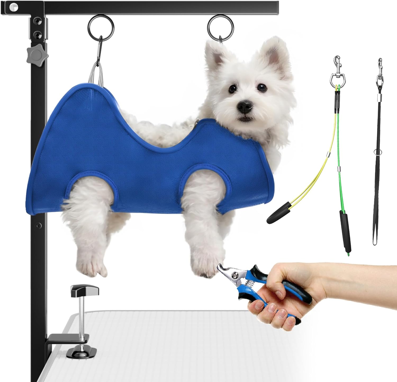 Foldable Dog Grooming Arm with Clamp: Adjustable Height 26″-40″, Dog Grooming Table Arm with Hammock and No-Sit Holder, Grooming Restraint for Small Medium Dogs at Home or Salon