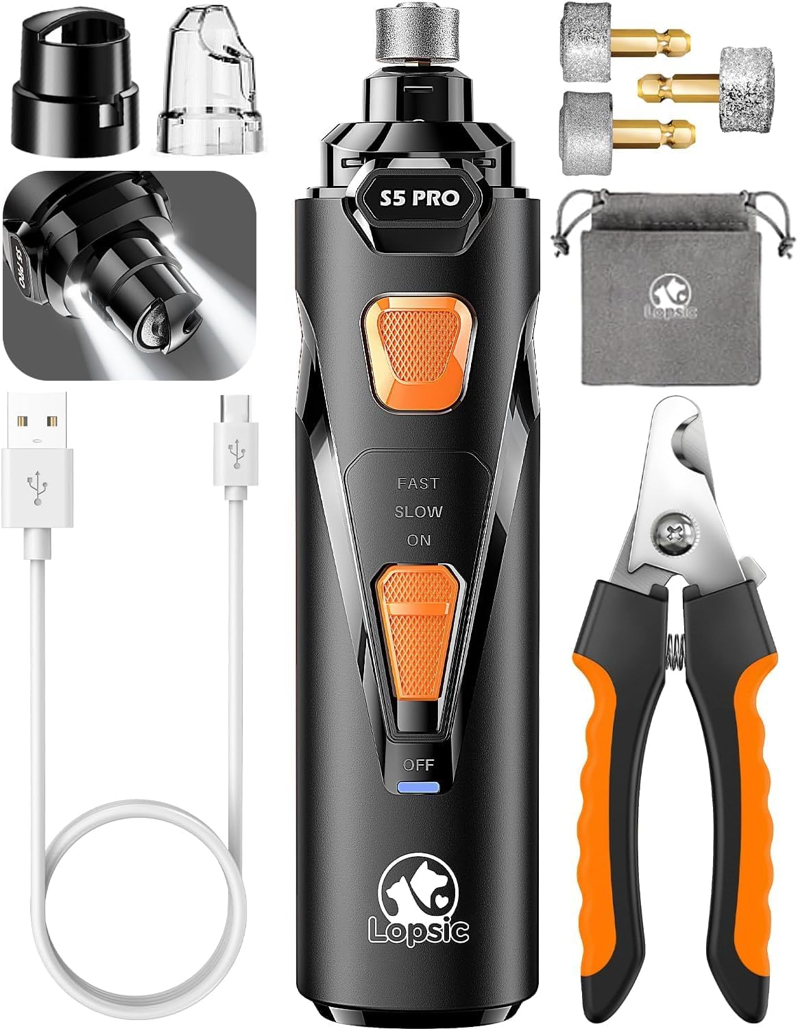 Whisper Quiet Dog Nail Grinder with LED Light, Safe & Stress-Free for Sensitive Dogs of All Breeds & Sizes, 3 Grinding Bits, 3-Speed, Pet Nail Trimmers, Rechargeable Painless Grooming Kit