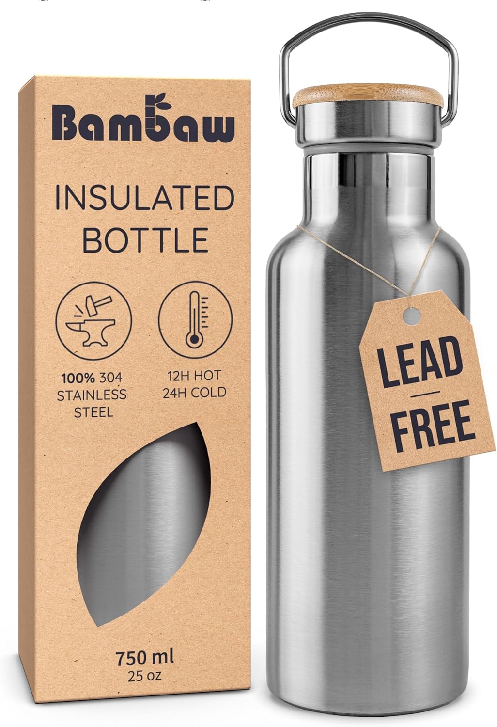 Bambaw Insulated Water Bottle 24oz | Stainless Steel Water Bottle | Insulated Water Bottles | Travel Water Bottle | Metal Water Bottle | Large Water Bottle | Reusable Water Bottle 750 ml