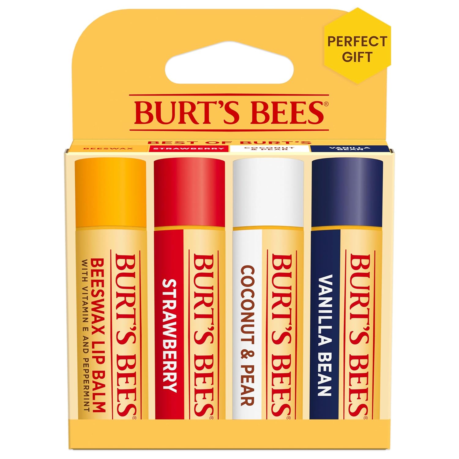 Burt’s Bees Lip Balm, Beeswax, Strawberry, Coconut and Pear, and Vanilla Bean Pack, With Responsibly Sourced Beeswax, Tint-Free, Natural Lip Treatment, 4 Tubes, 0.15 oz.