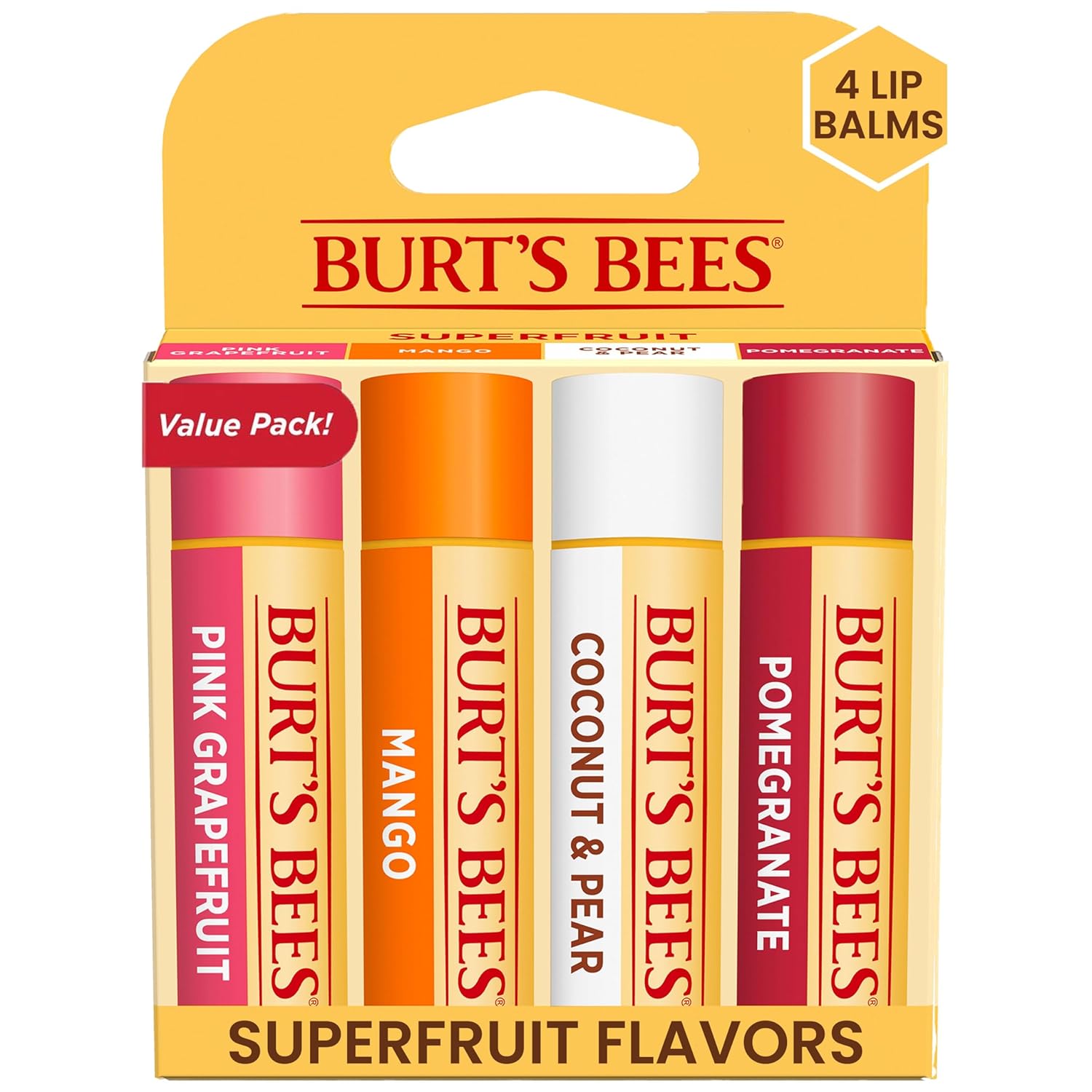 Burt’s Bees Lip Balm – Pink Grapefruit, Mango, Coconut & Pear, and Pomegranate Pack, Lip Moisturizer With Beeswax, Tint-Free, Natural Origin Conditioning Treatment, 4 Tubes, 0.15 oz.