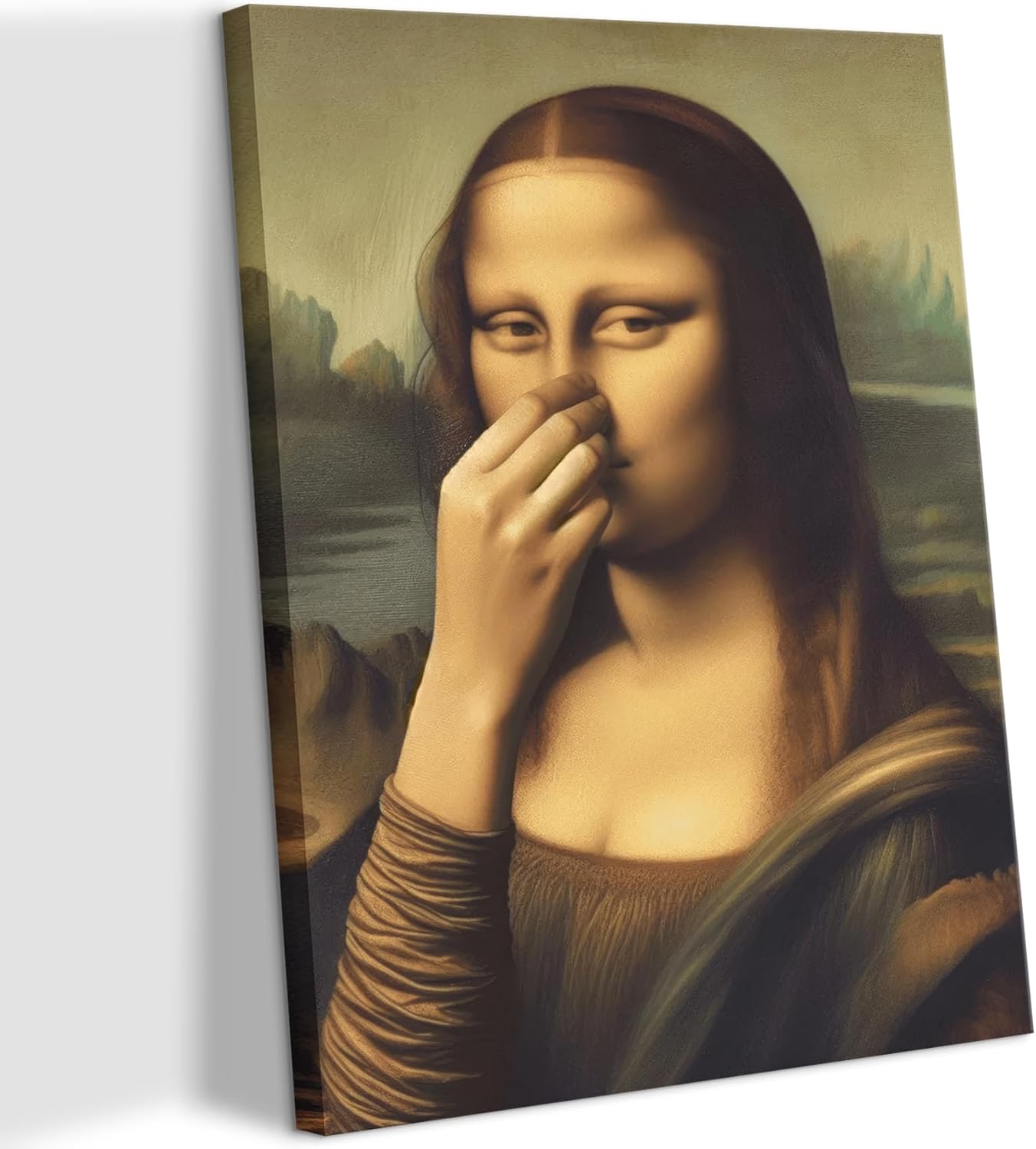 Funny Bathroom Canvas Wall Art Vintage Mona Lisa Painting Pictures Wall Decor Humor Amusing Toilet Art Pinching Nose Poster Prints Mona Lisa Artwork for Bathroom Home Decor 8×10 in Wrapped Canvas